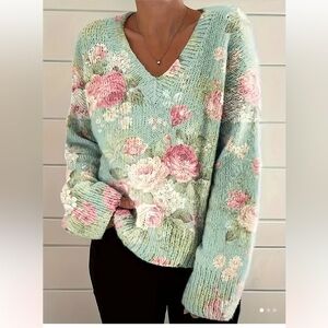 Floral Knit Sweater - Mint Green and Pink